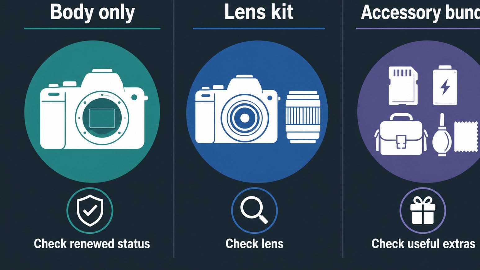 Diagram comparing body only lens kit and accessory bundle choices