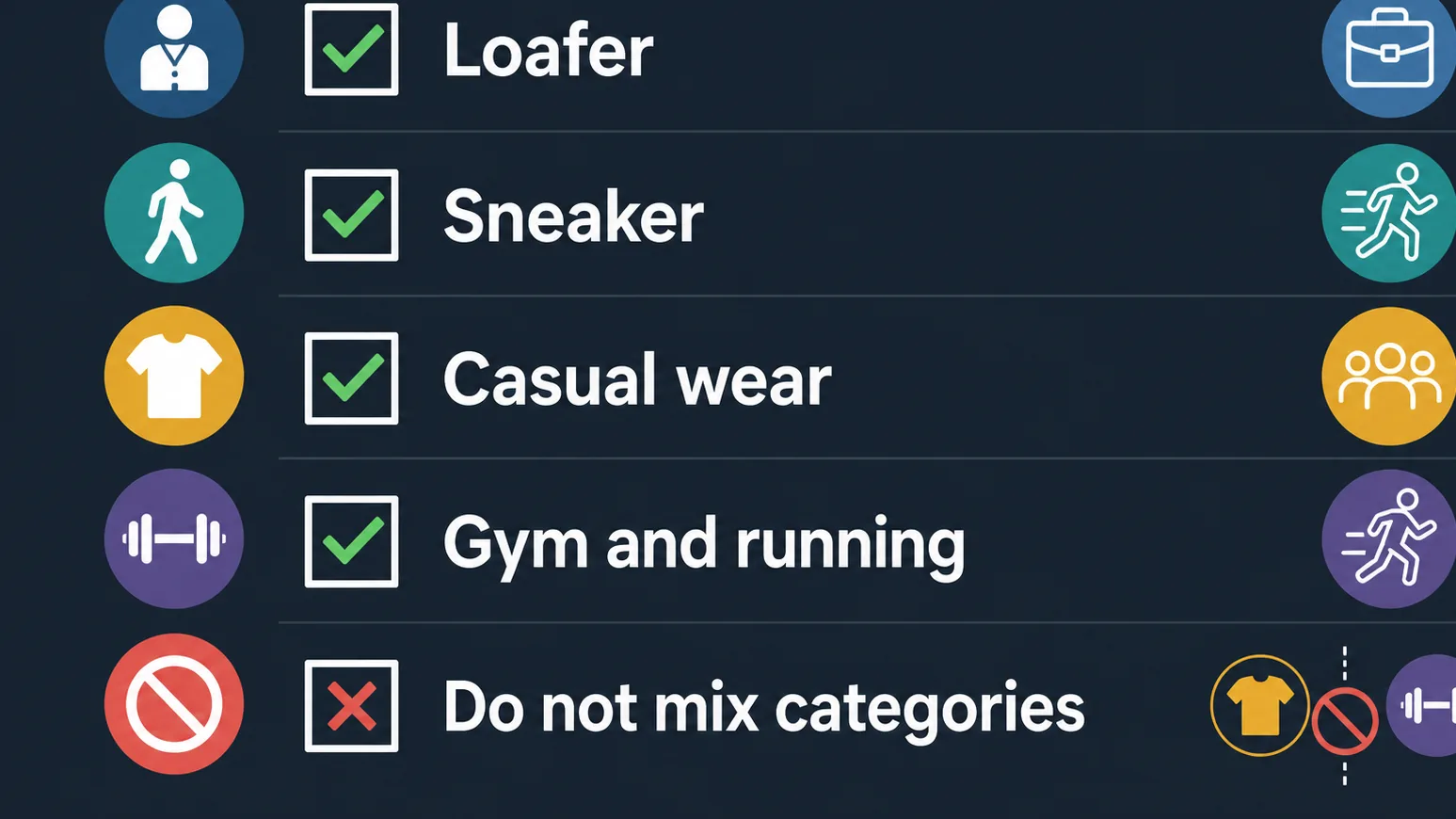 Checklist comparing loafers with training sneakers