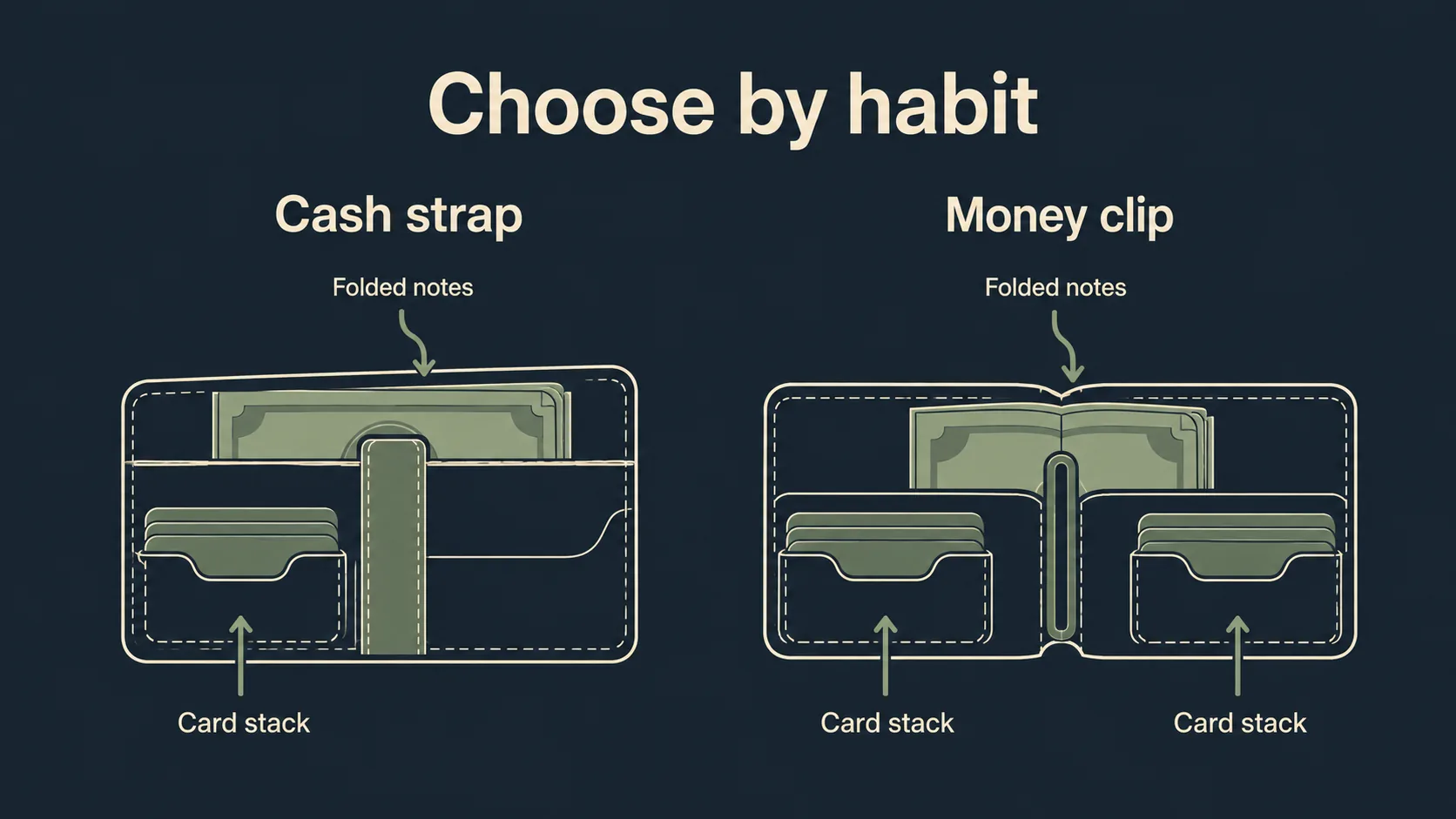Comparison of cash strap and money clip layouts