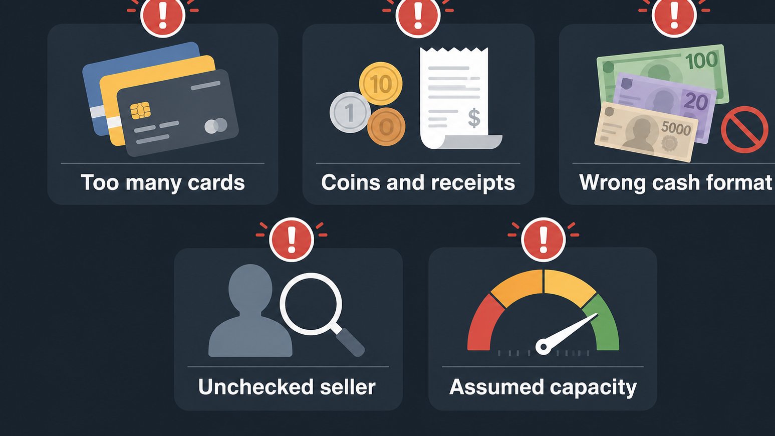 Ridge Wallet Black Friday/Cyber Monday Sale 13 Common minimalist wallet buying mistakes shown as warning icons