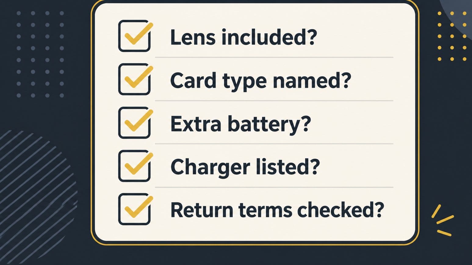 Checklist for reviewing a camera deal before purchase