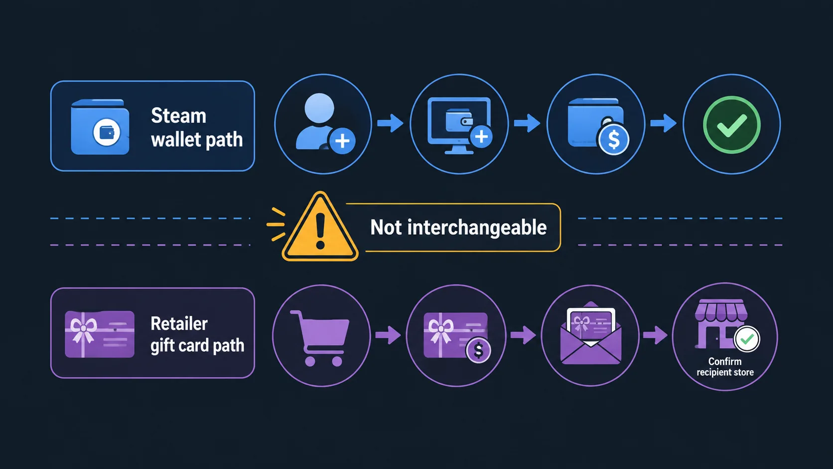 Flow diagram comparing Steam wallet and retailer gift card paths