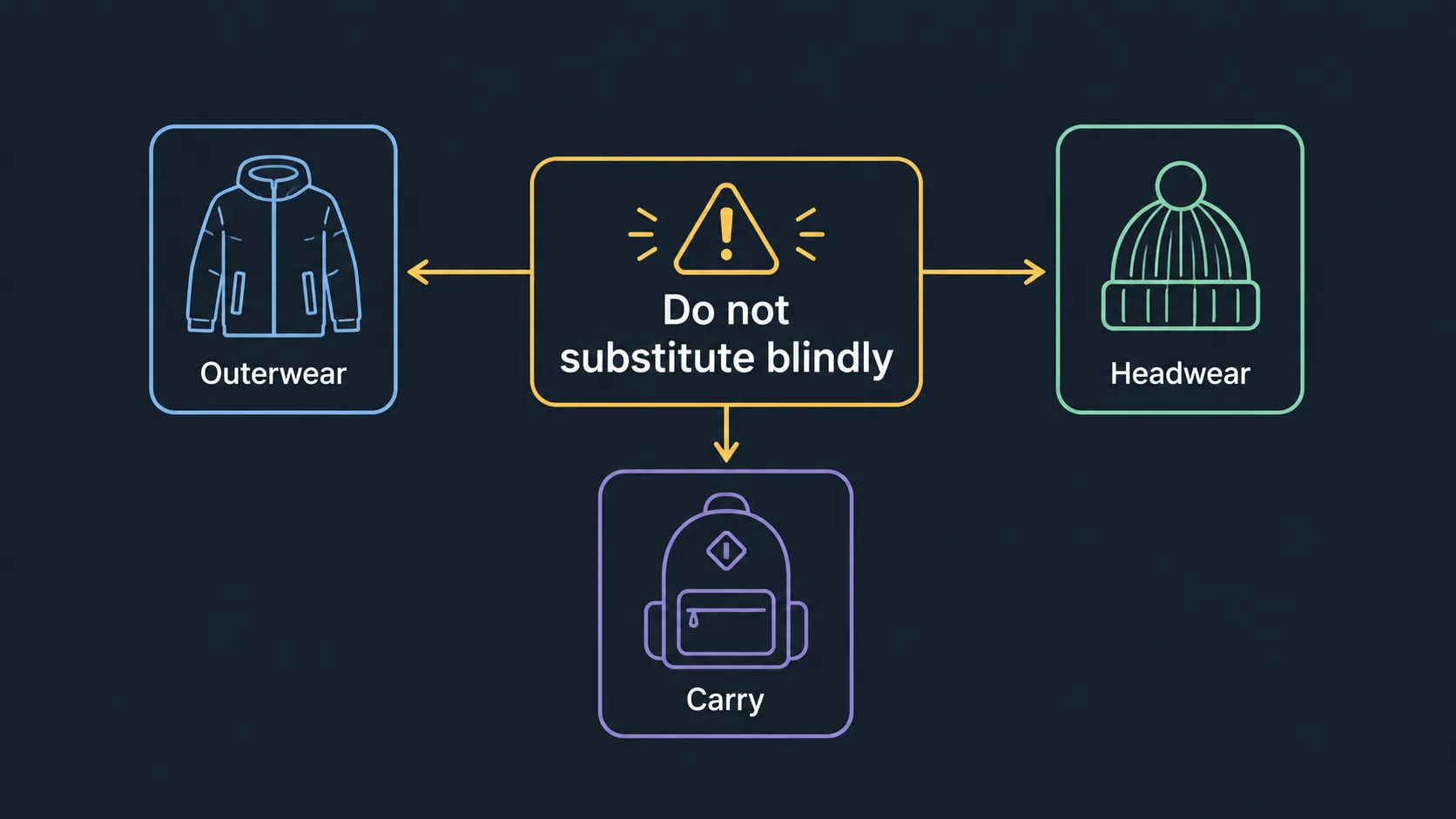 Category split between outerwear headwear and carry items