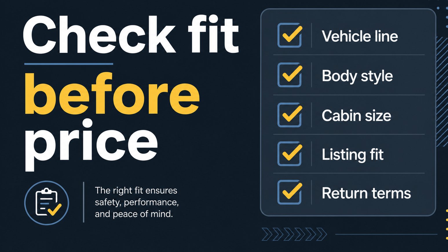 Vehicle accessory fit checklist on a dark background