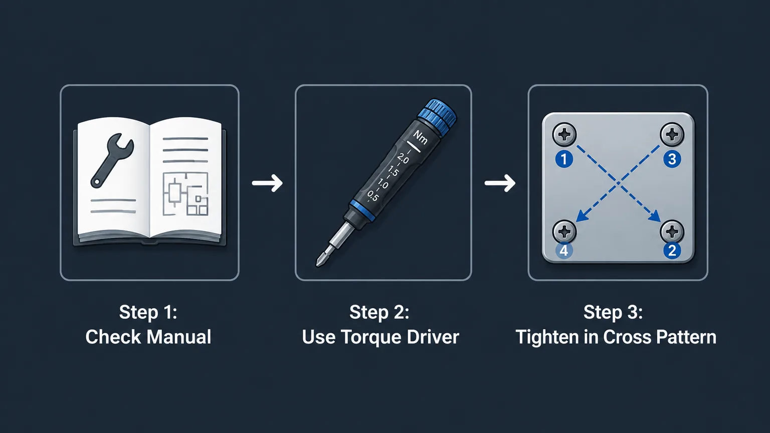 Infographic showing the proper steps for tightening scope ring screws.