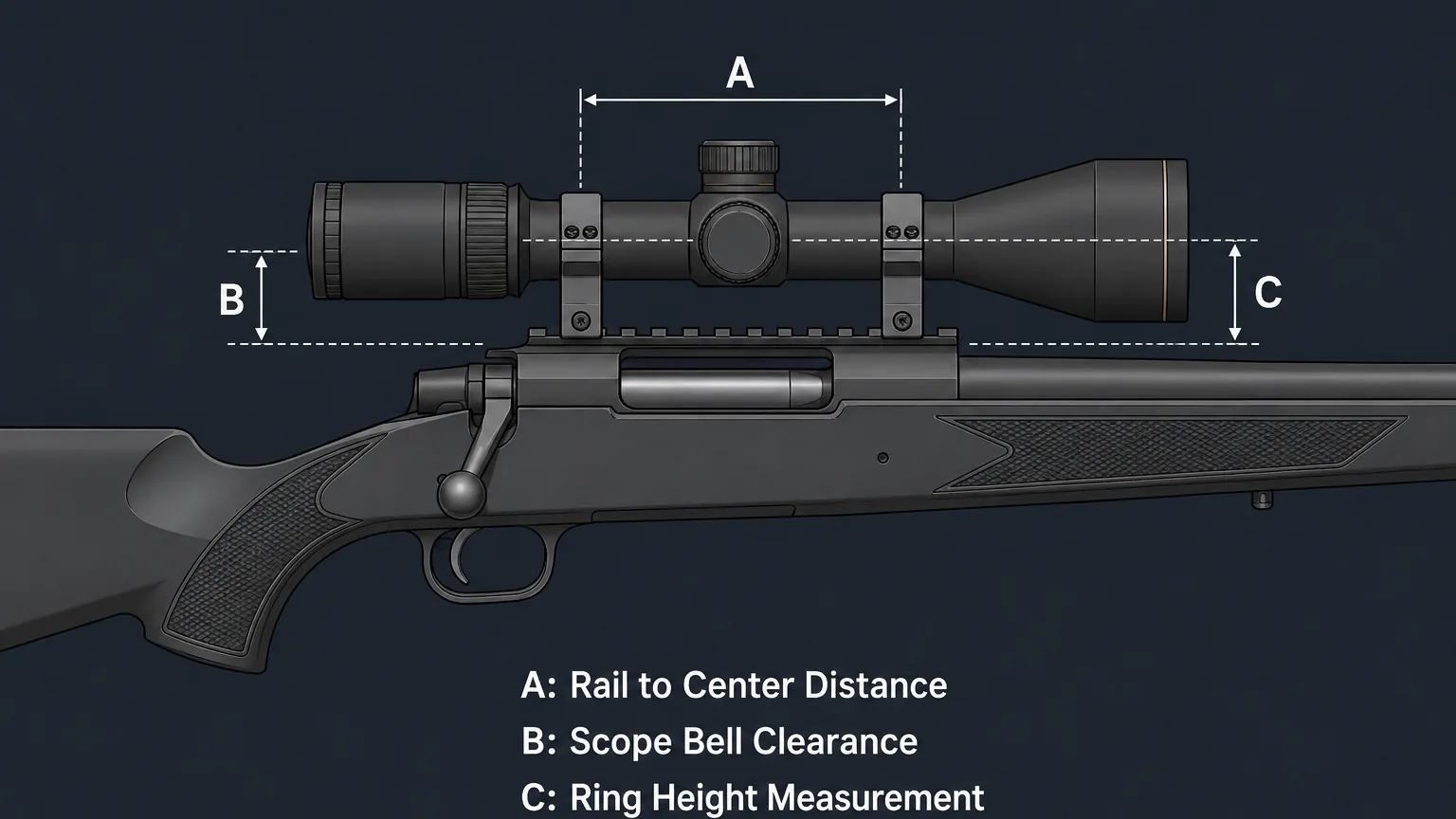 Infographic showing how to measure scope ring height and objective lens clearance.