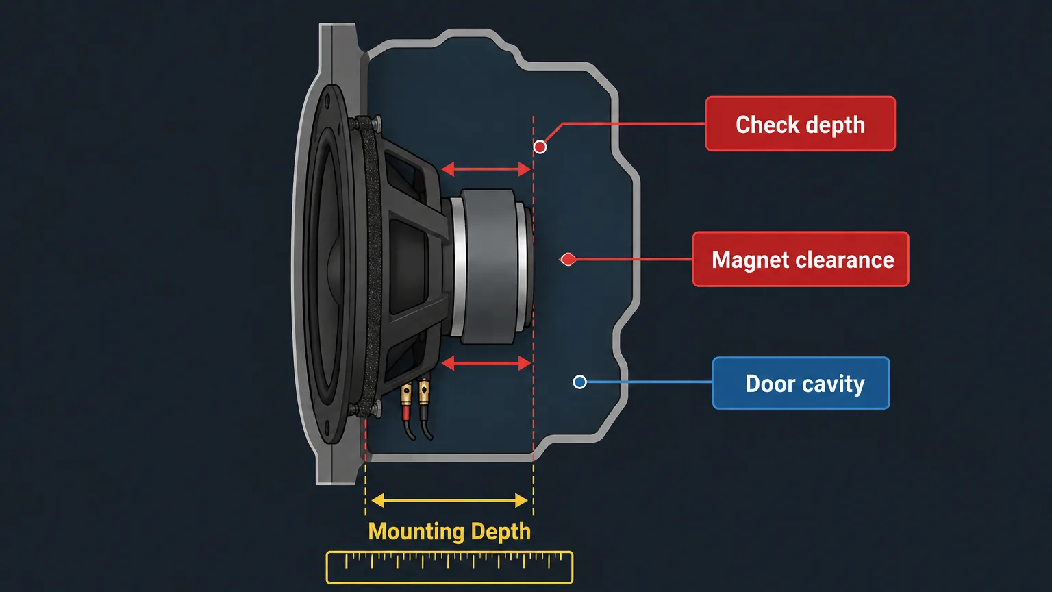 Diagram showing how to measure speaker mounting depth for installations.