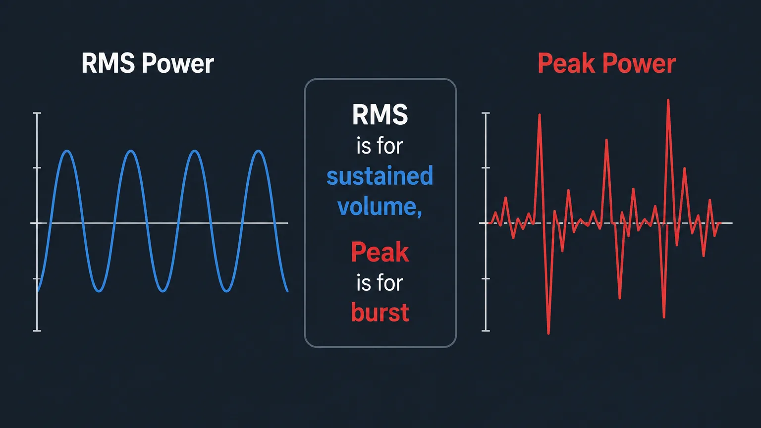 Infographic explaining the difference between RMS and Peak power for audio.