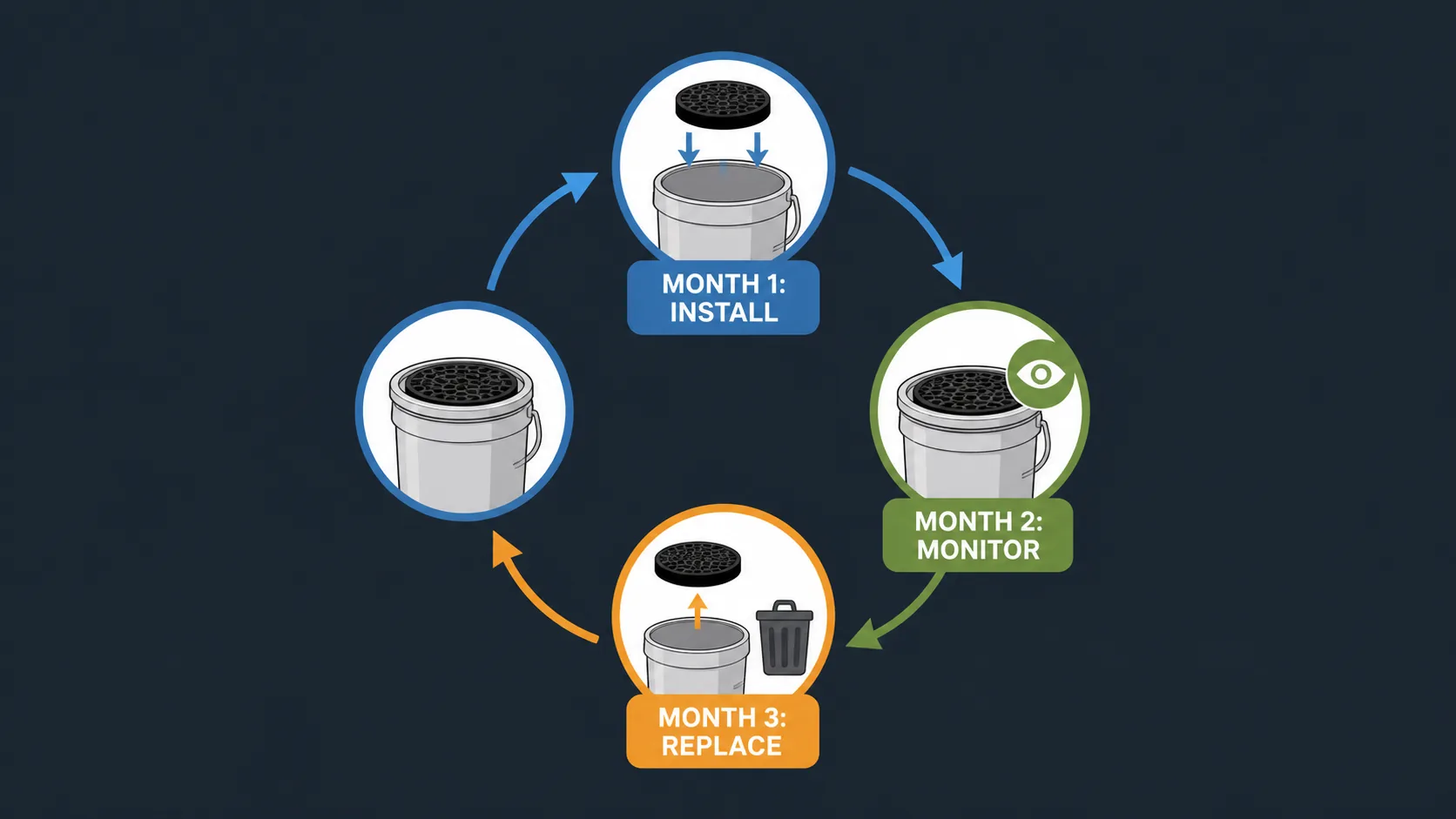 Graphic showing the filter replacement cycle for nursery pails.