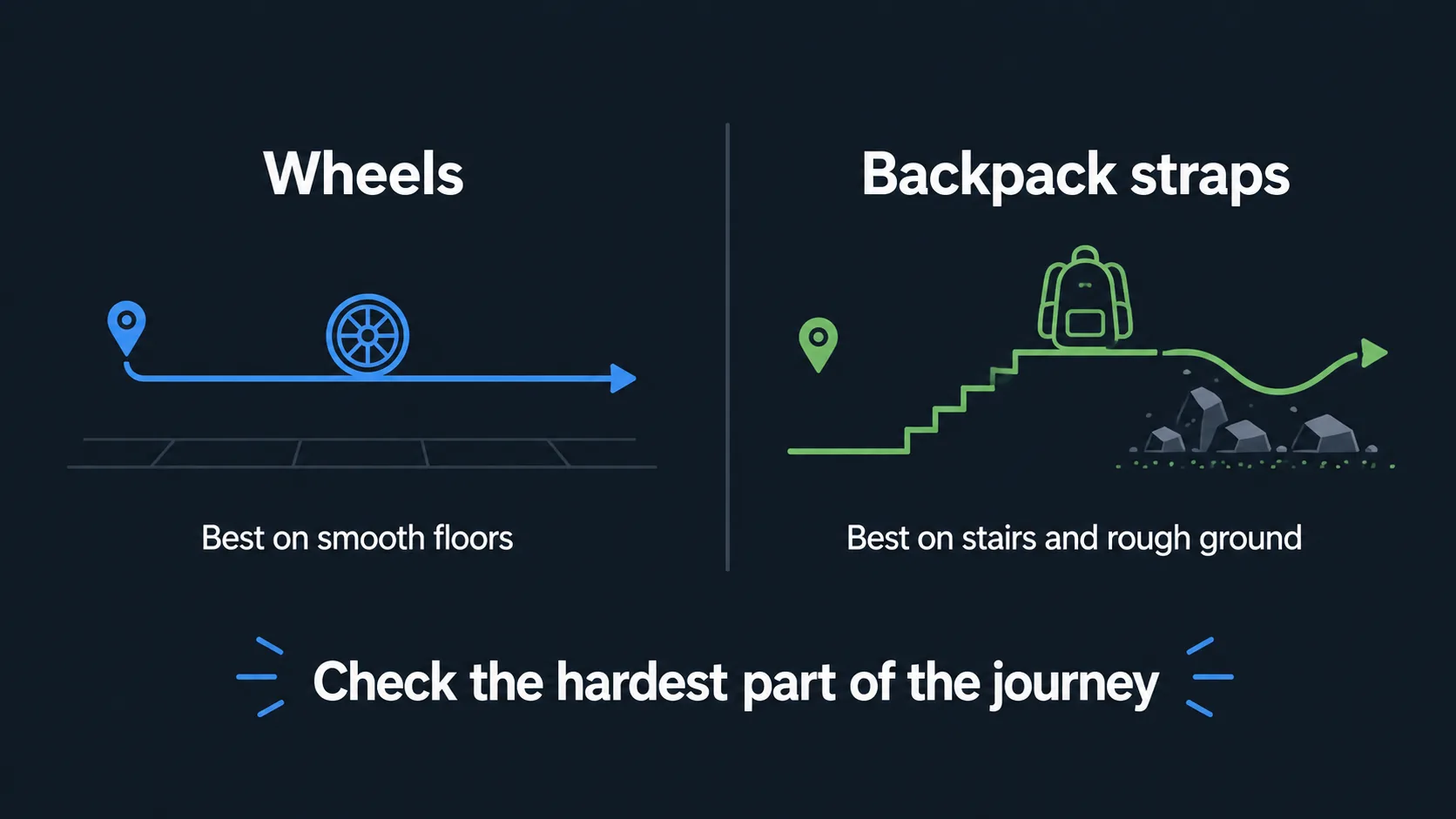 Comparison of wheels and backpack straps for luggage