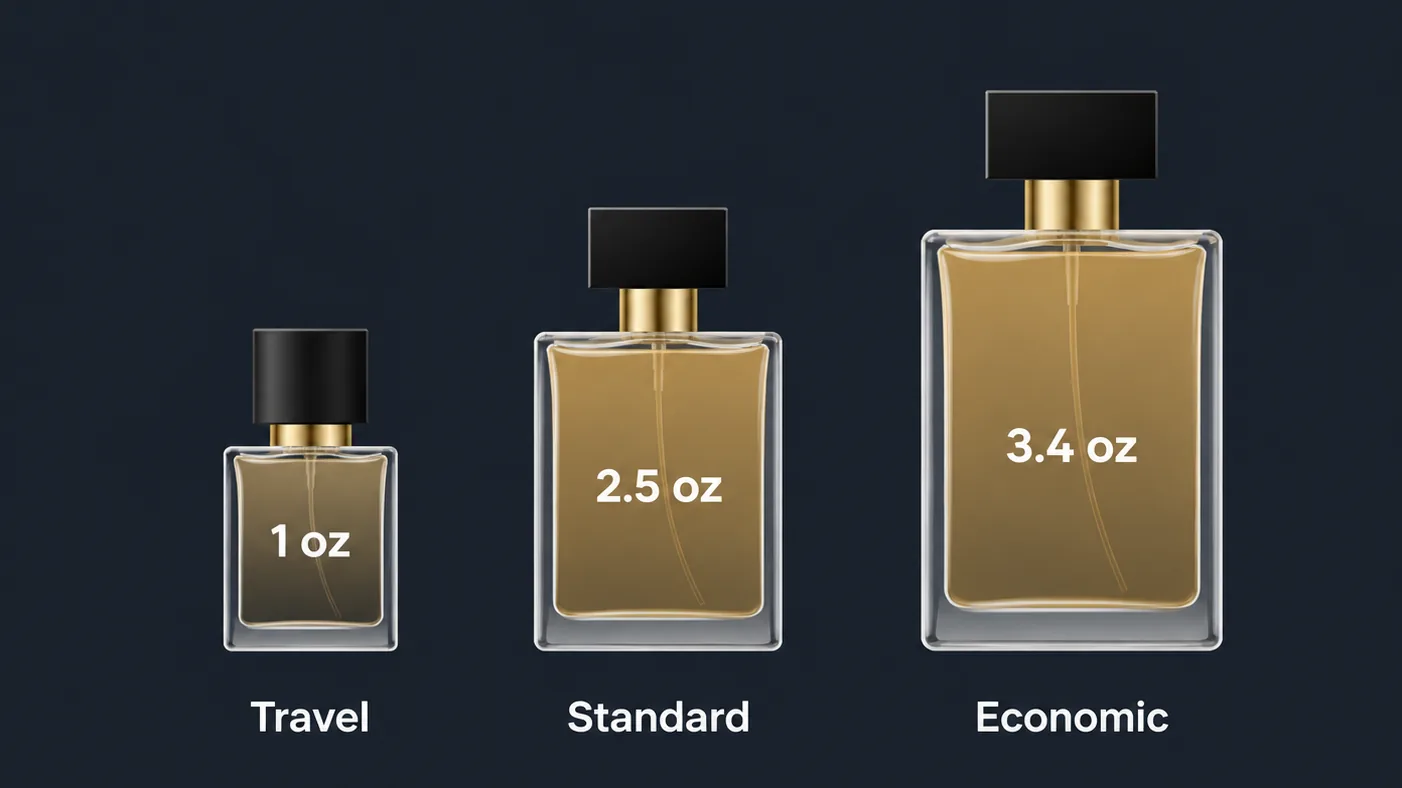Graphic comparing different perfume bottle sizes and their best use cases.