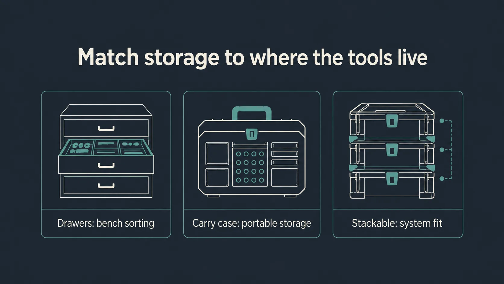 Diagram comparing drawers carry cases and stackable storage